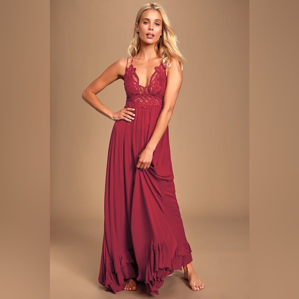 Free People Adella Maxi Slip Berry Red Lace Dress